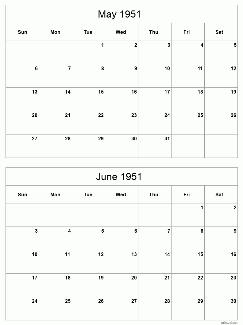 2 month calendar May to June 1951