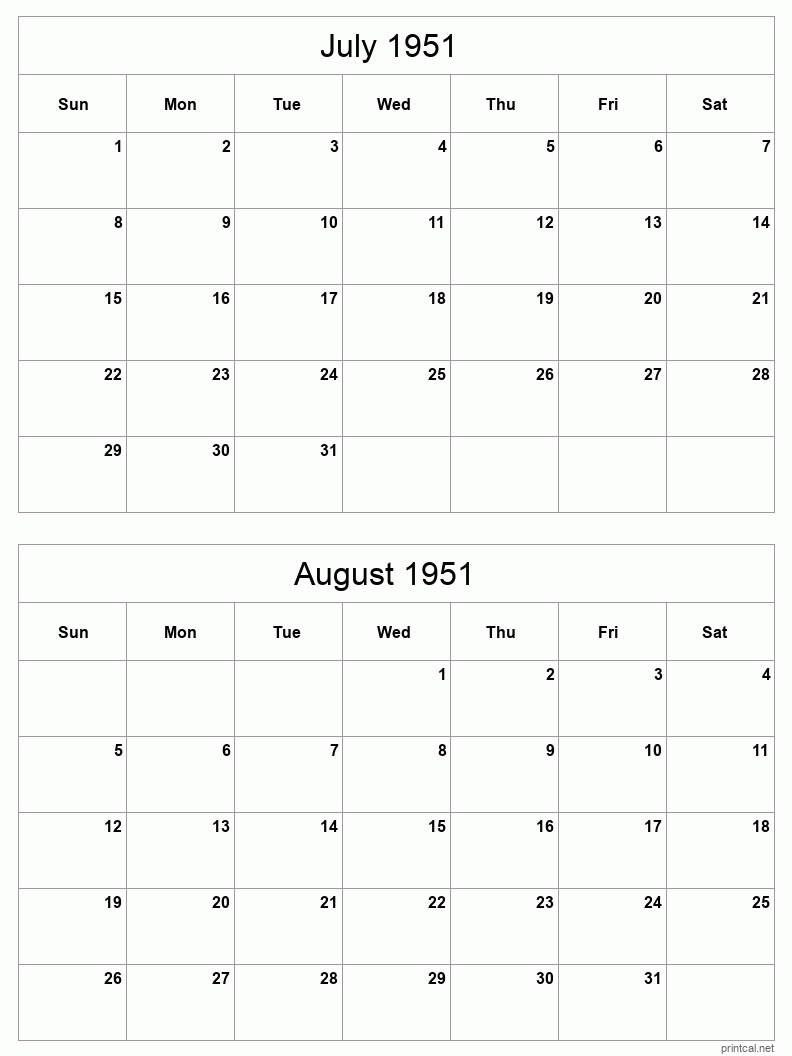 2 month calendar July to August 1951