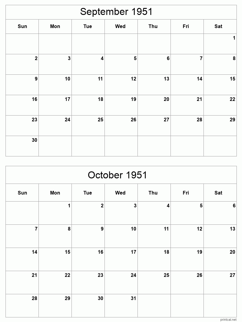 2 month calendar September to October 1951