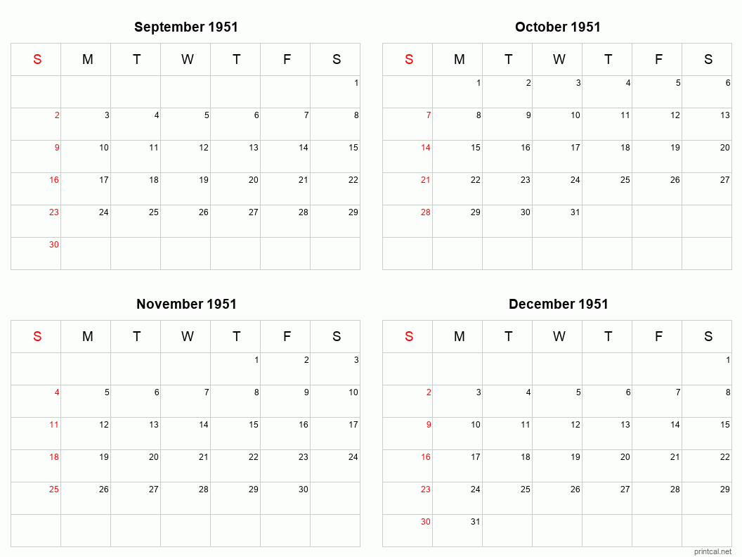 4 month calendar September to December 1951