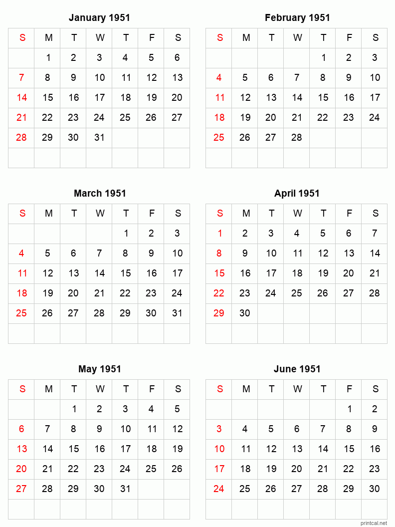 6 month calendar January to June 1951