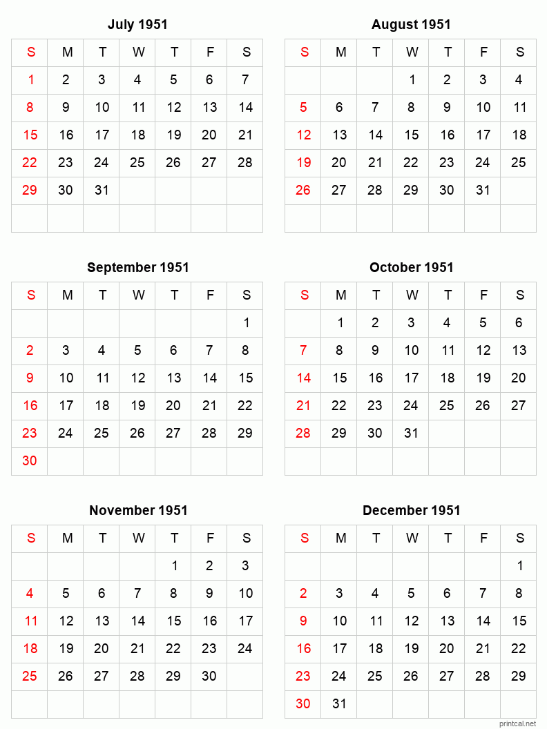 6 month calendar July to December 1951