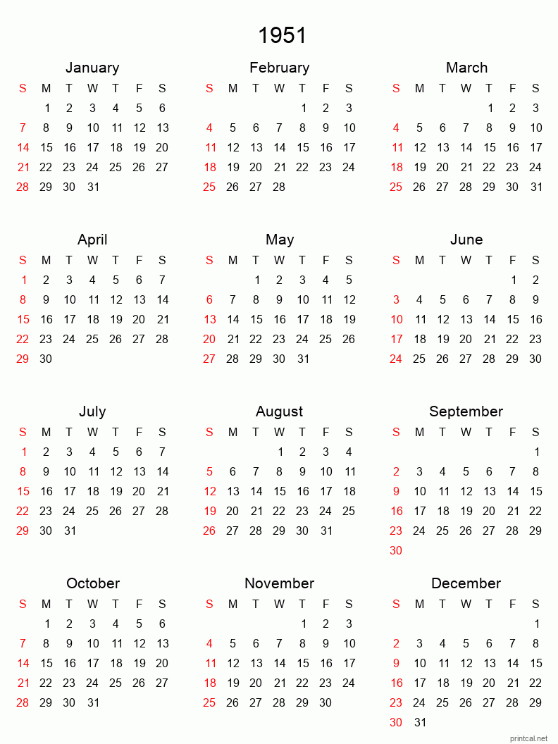 Printable 1951 Yearly Calendar