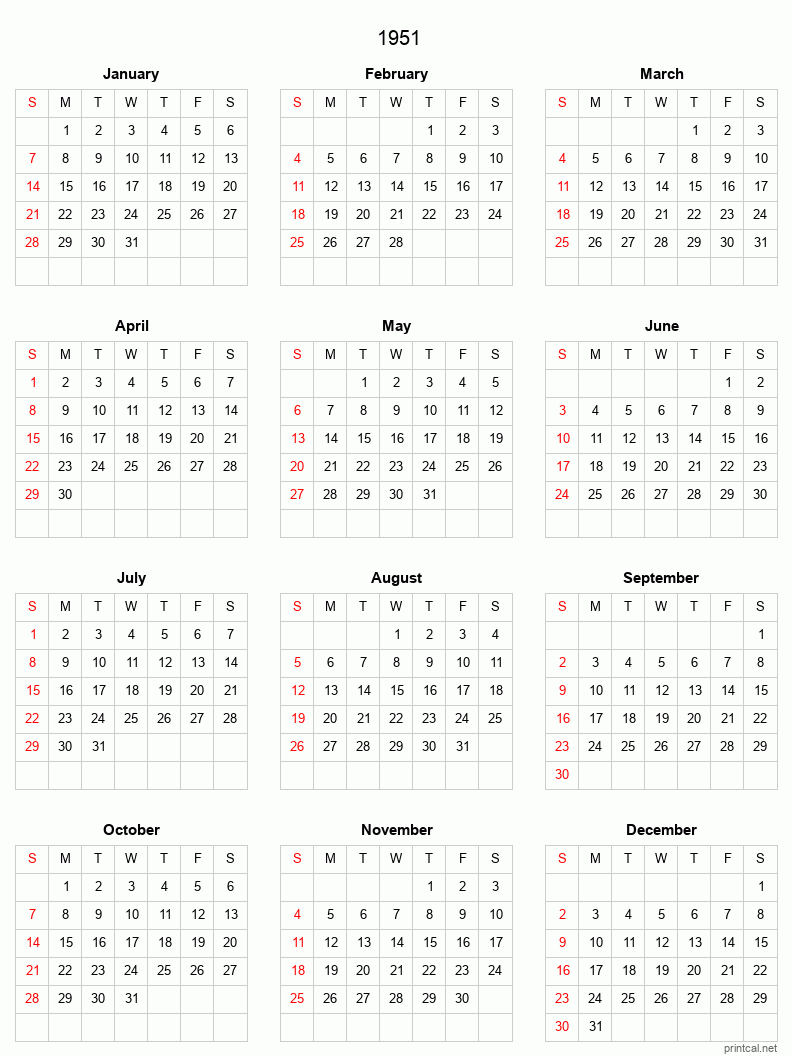 Printable 1951 Full-Year Calendar