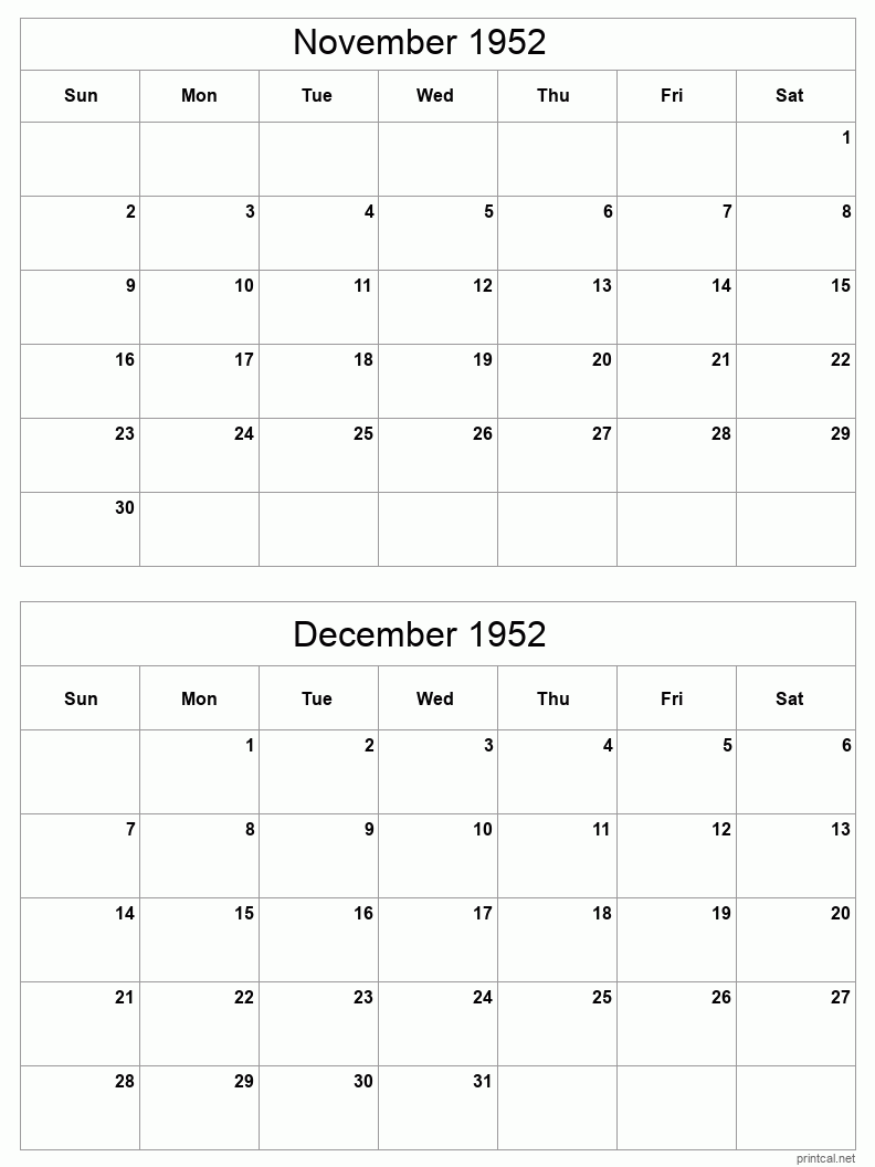 2 month calendar November to December 1952