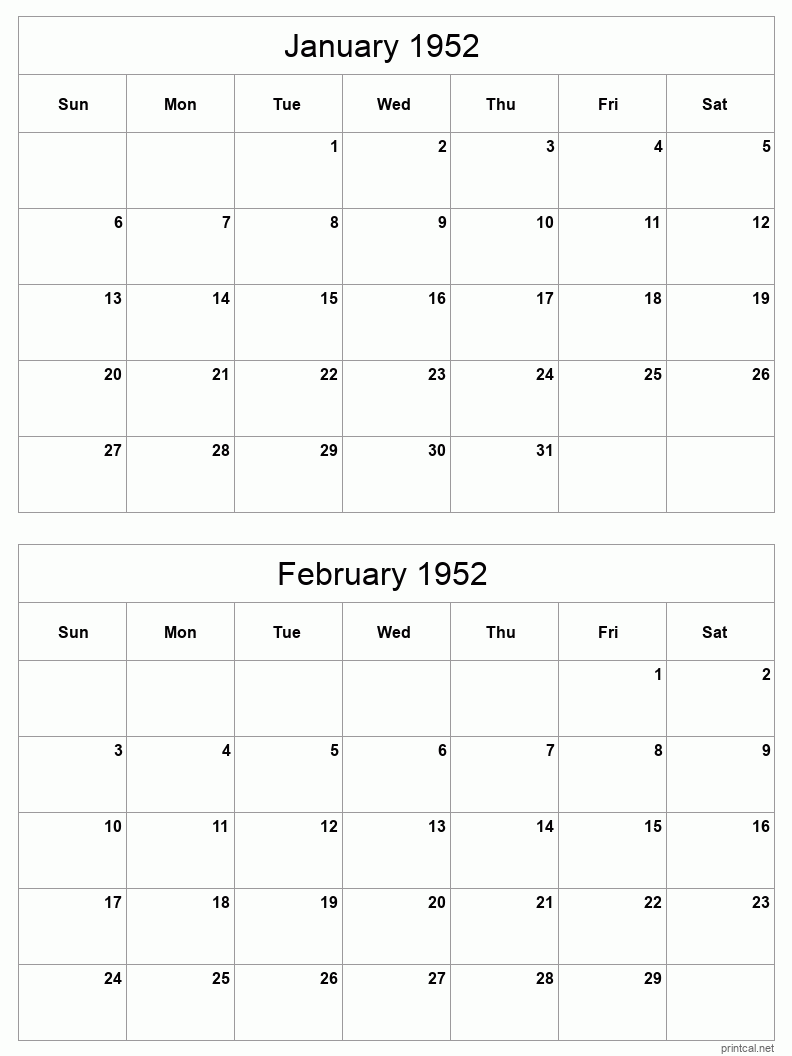 2 month calendar January to February 1952