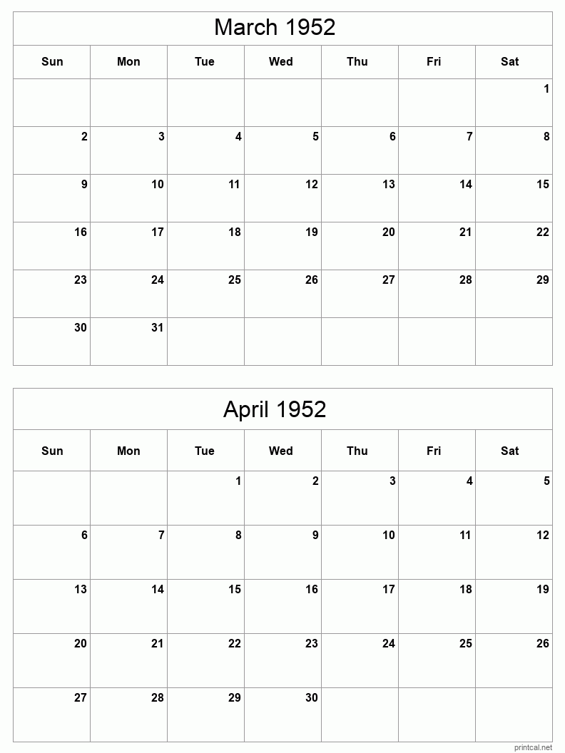 2 month calendar March to April 1952