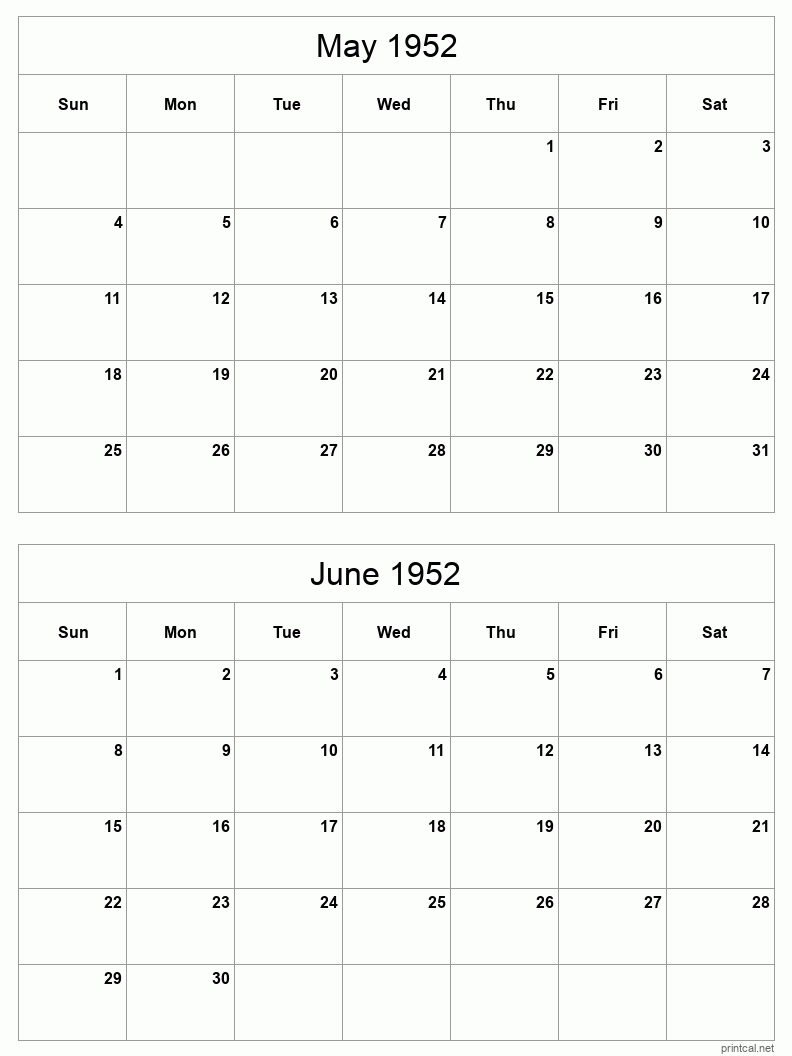 2 month calendar May to June 1952