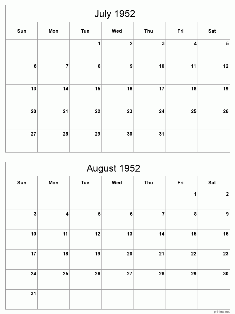 2 month calendar July to August 1952