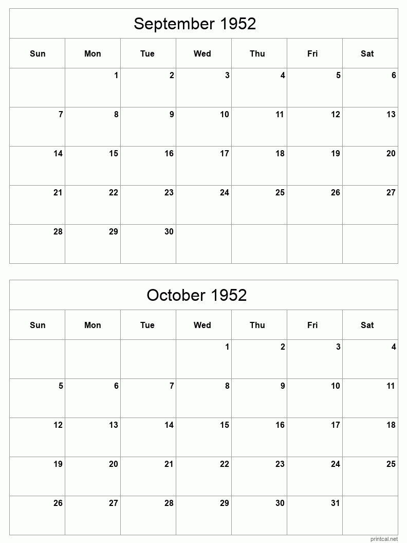 2 month calendar September to October 1952