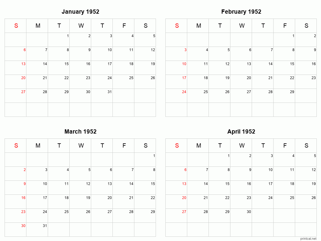 4 month calendar January to April 1952