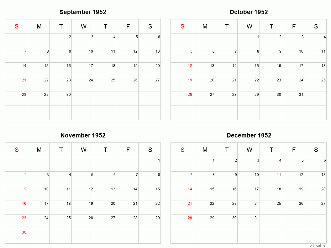 4 month calendar September to December 1952