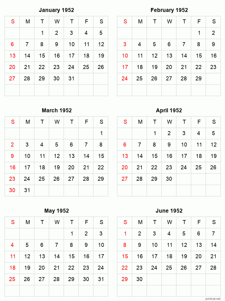 6 month calendar January to June 1952