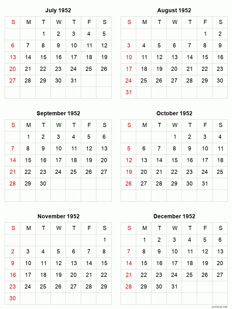 6 month calendar July to December 1952