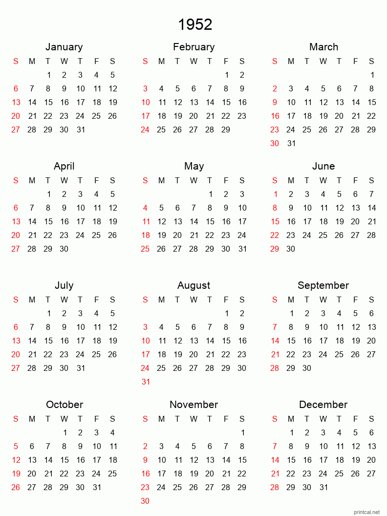 Printable 1952 Yearly Calendar