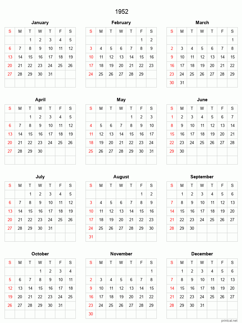 Printable 1952 Full-Year Calendar