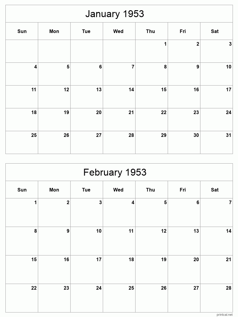 2 month calendar January to February 1953