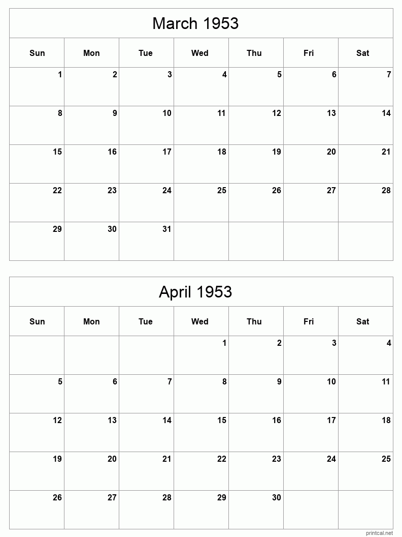 2 month calendar March to April 1953