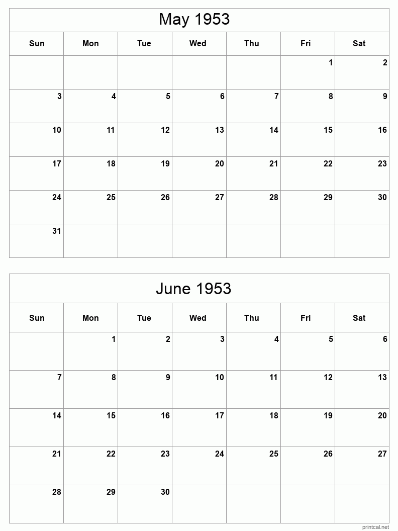 2 month calendar May to June 1953