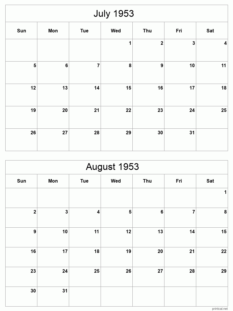 2 month calendar July to August 1953