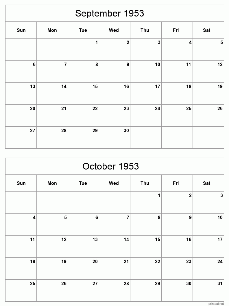 2 month calendar September to October 1953