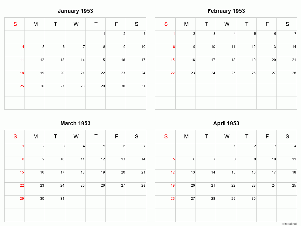 4 month calendar January to April 1953