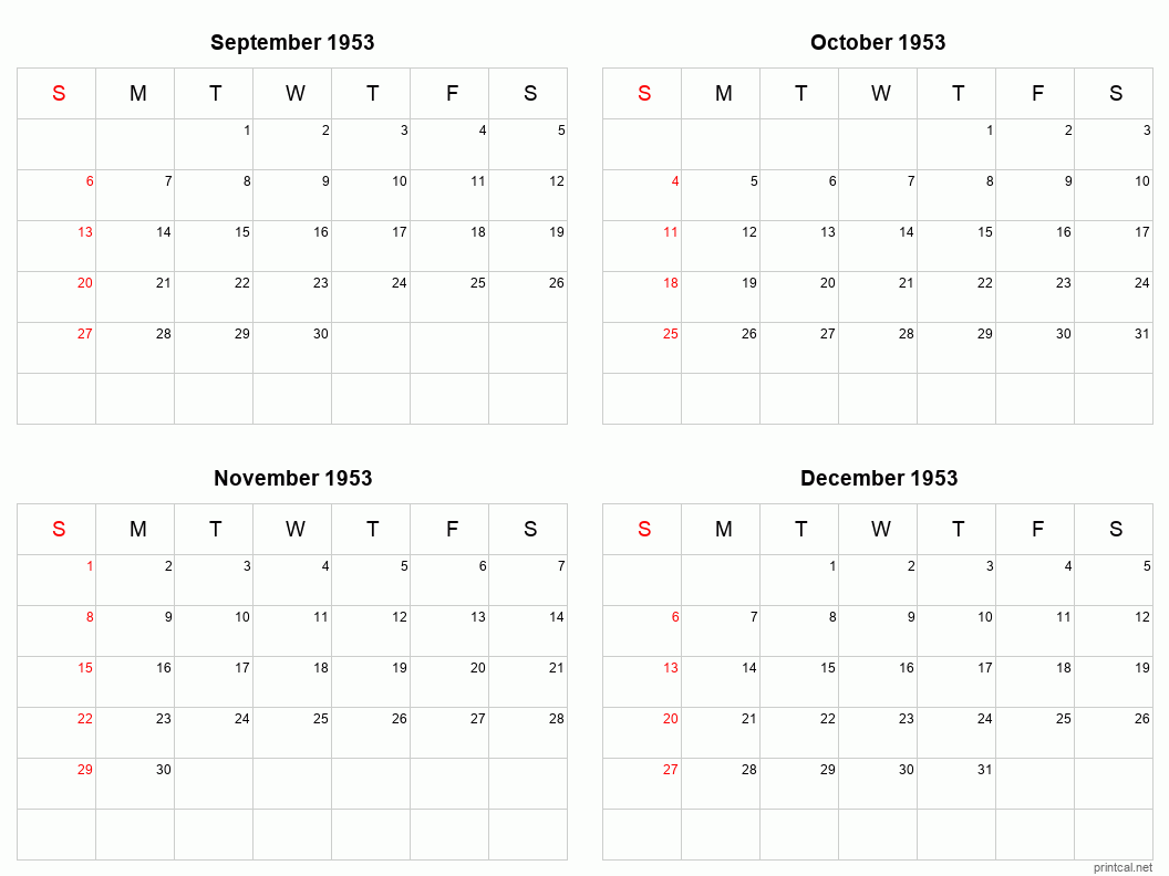 4 month calendar September to December 1953