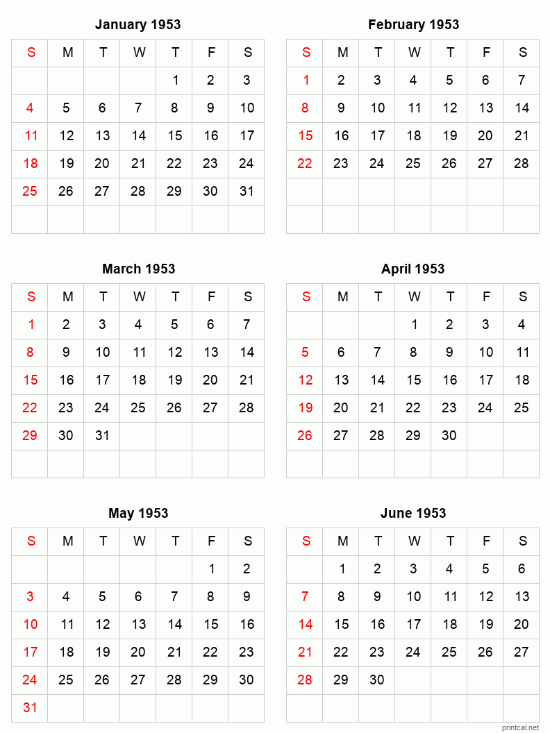 6 month calendar January to June 1953