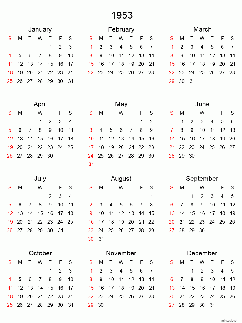 Printable 1953 Yearly Calendar