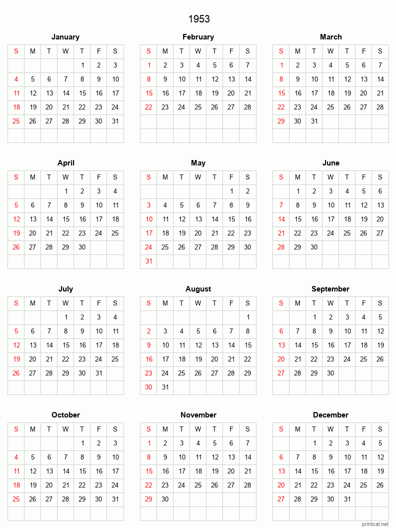 Printable 1953 Full-Year Calendar