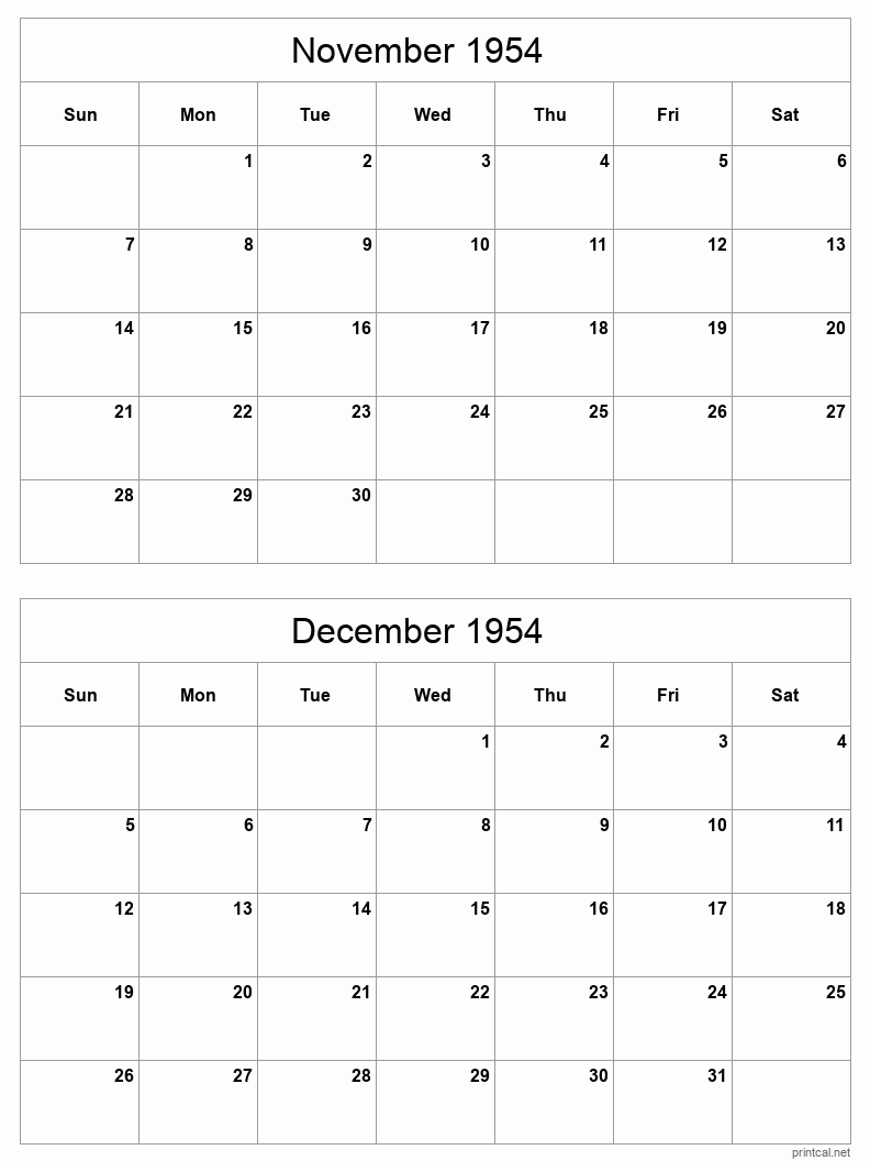 2 month calendar November to December 1954