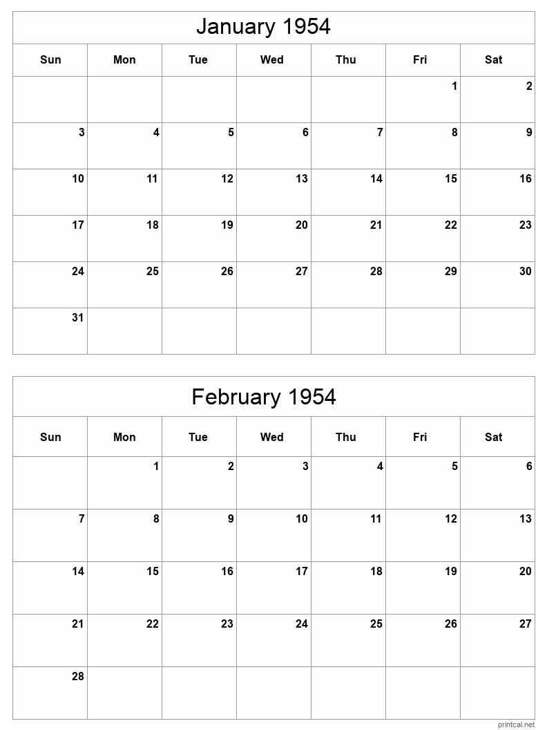 2 month calendar January to February 1954