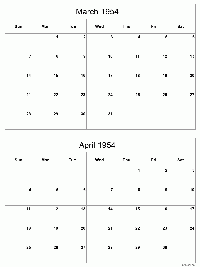 2 month calendar March to April 1954