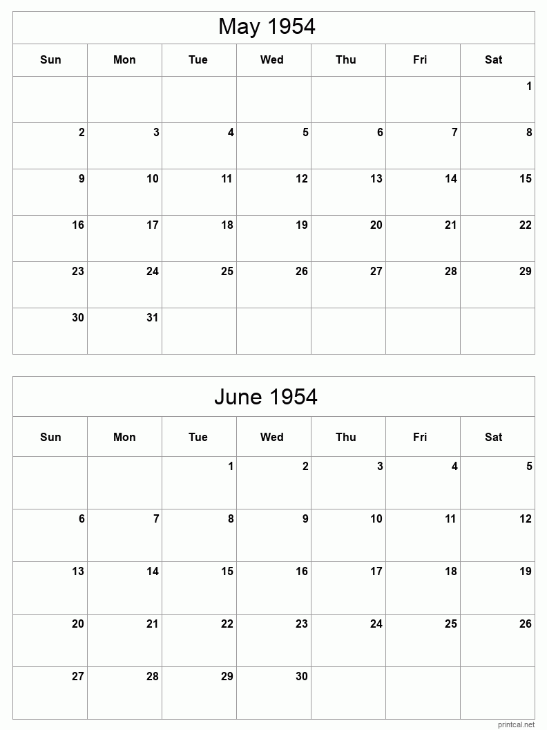 2 month calendar May to June 1954