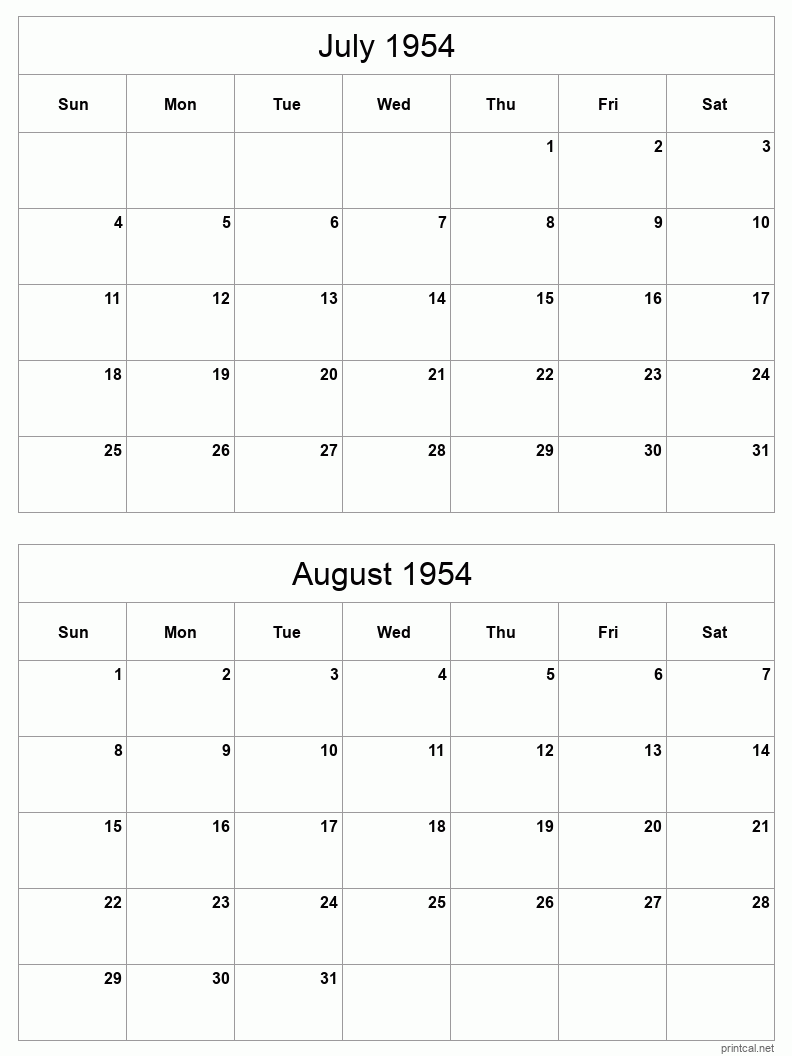 2 month calendar July to August 1954