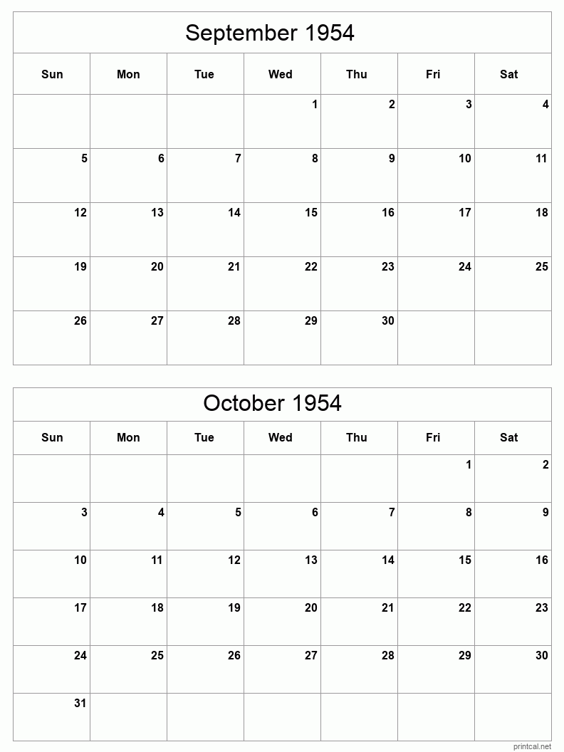 2 month calendar September to October 1954