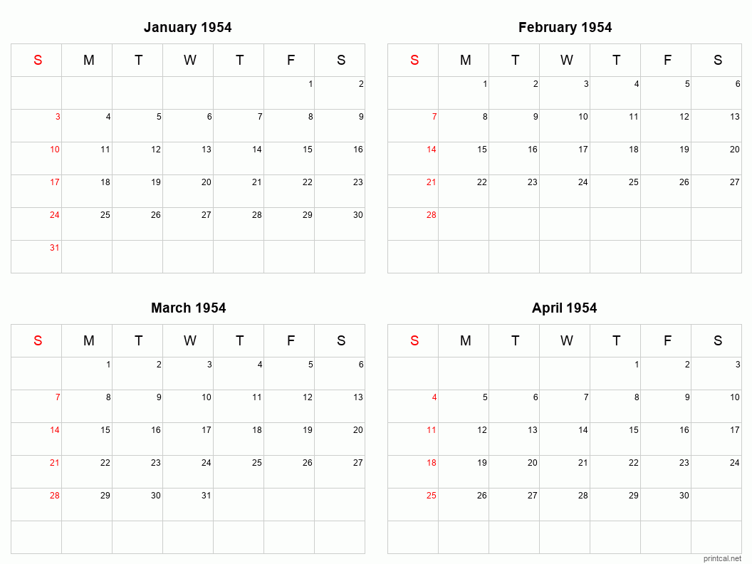 4 month calendar January to April 1954