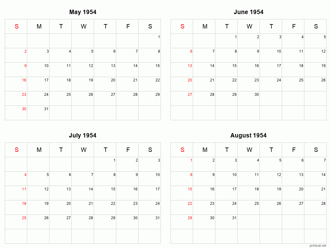 4 month calendar May to August 1954