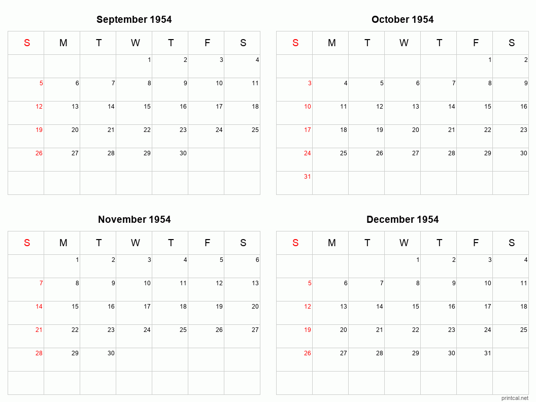 4 month calendar September to December 1954