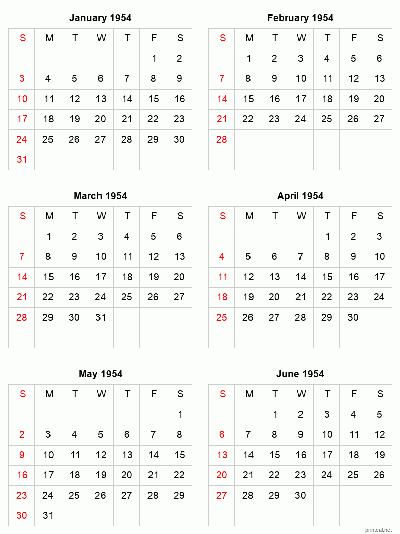 6 month calendar January to June 1954