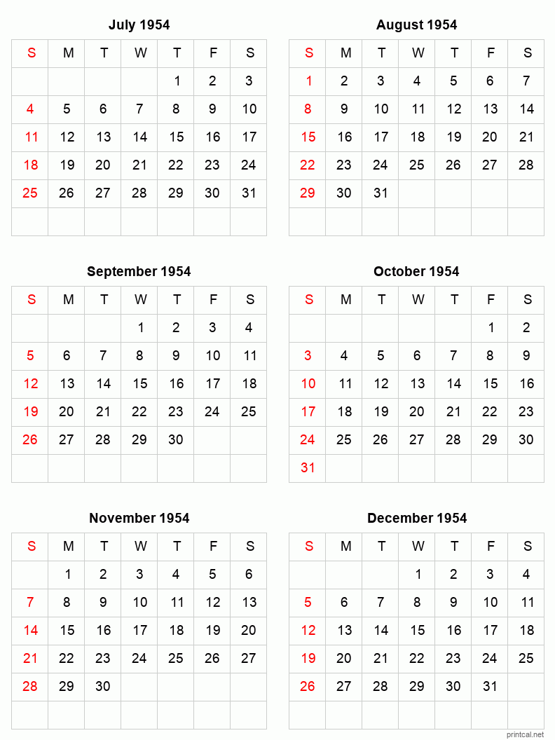 6 month calendar July to December 1954