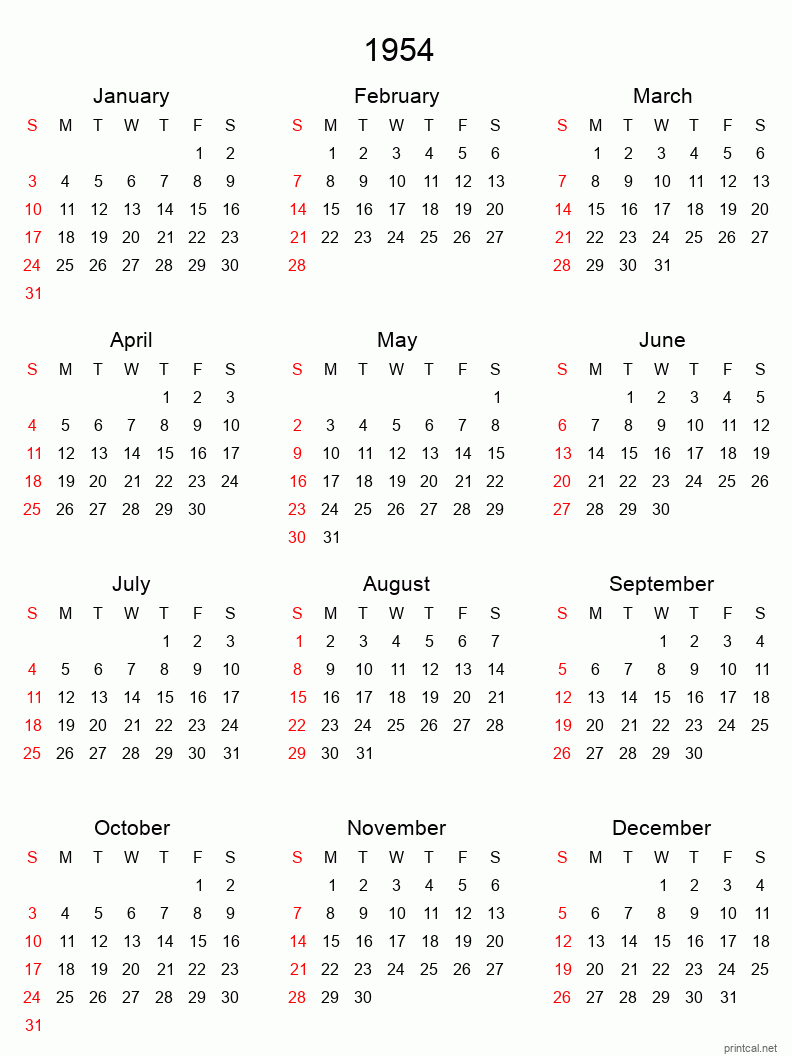 Printable 1954 Yearly Calendar