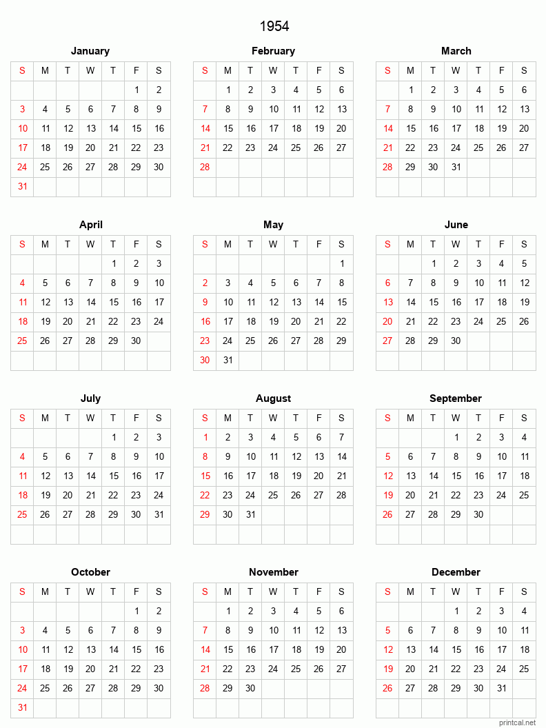 Printable 1954 Full-Year Calendar