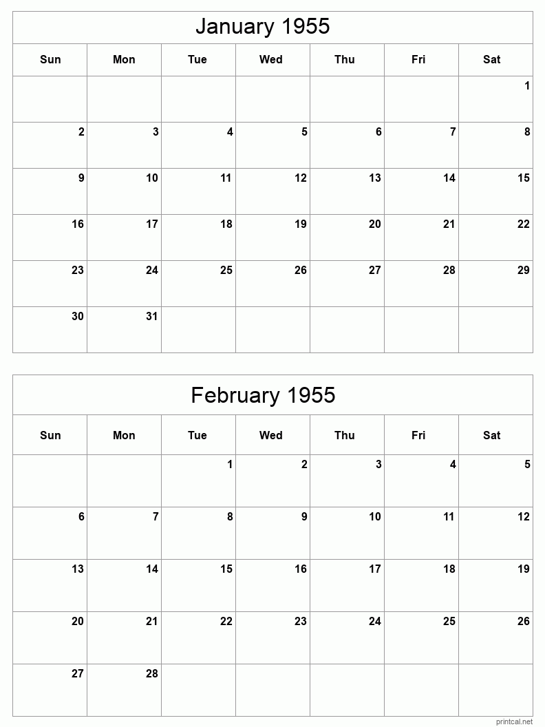 2 month calendar January to February 1955