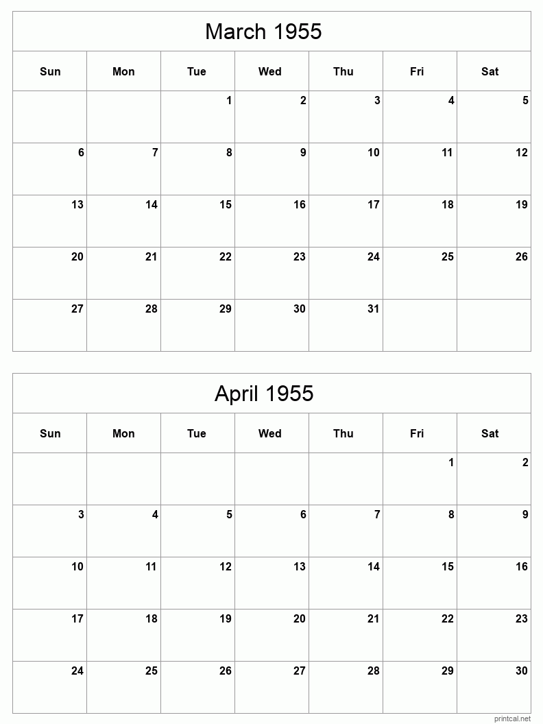 2 month calendar March to April 1955