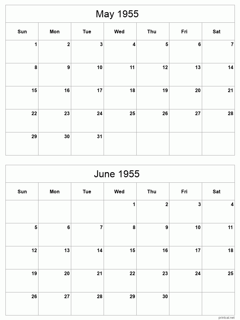 2 month calendar May to June 1955