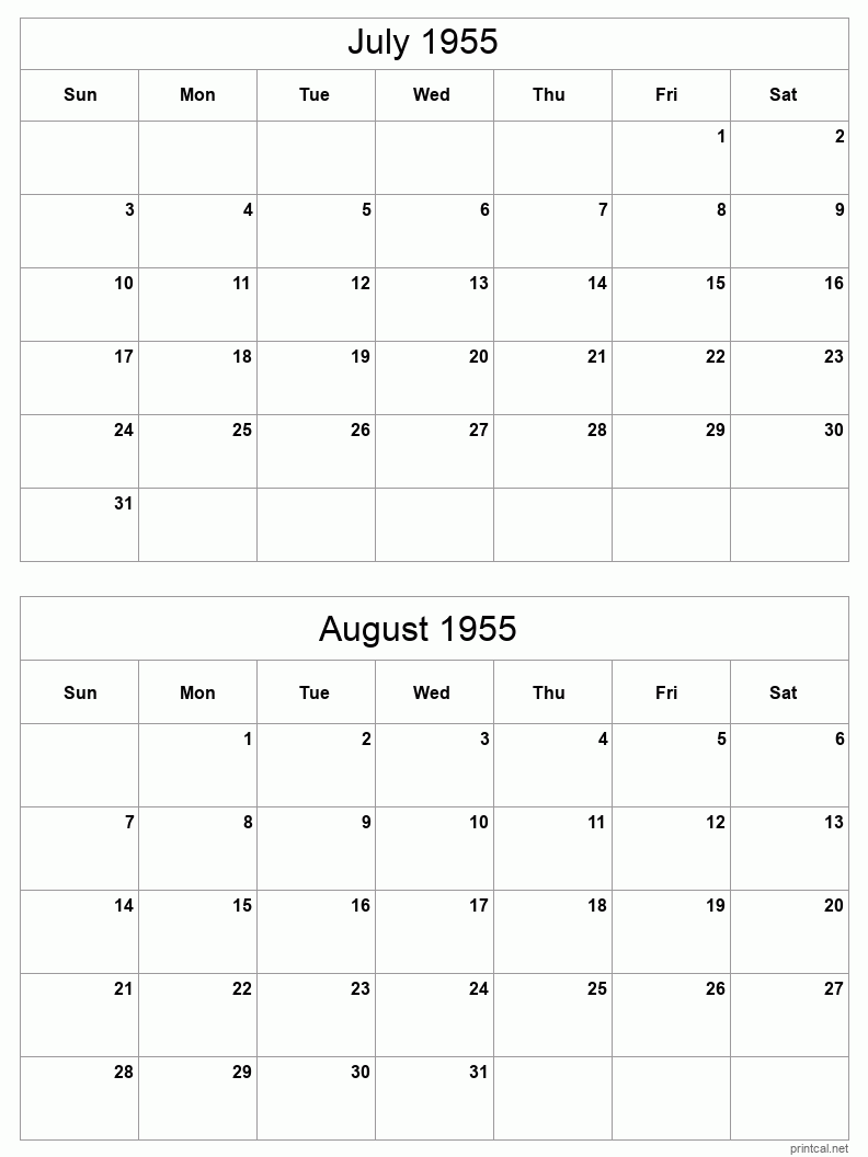 2 month calendar July to August 1955