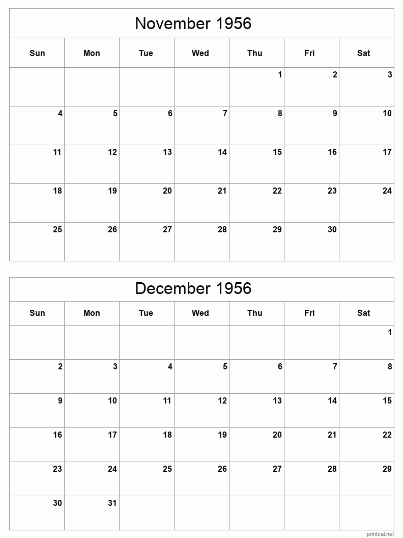 2 month calendar November to December 1956