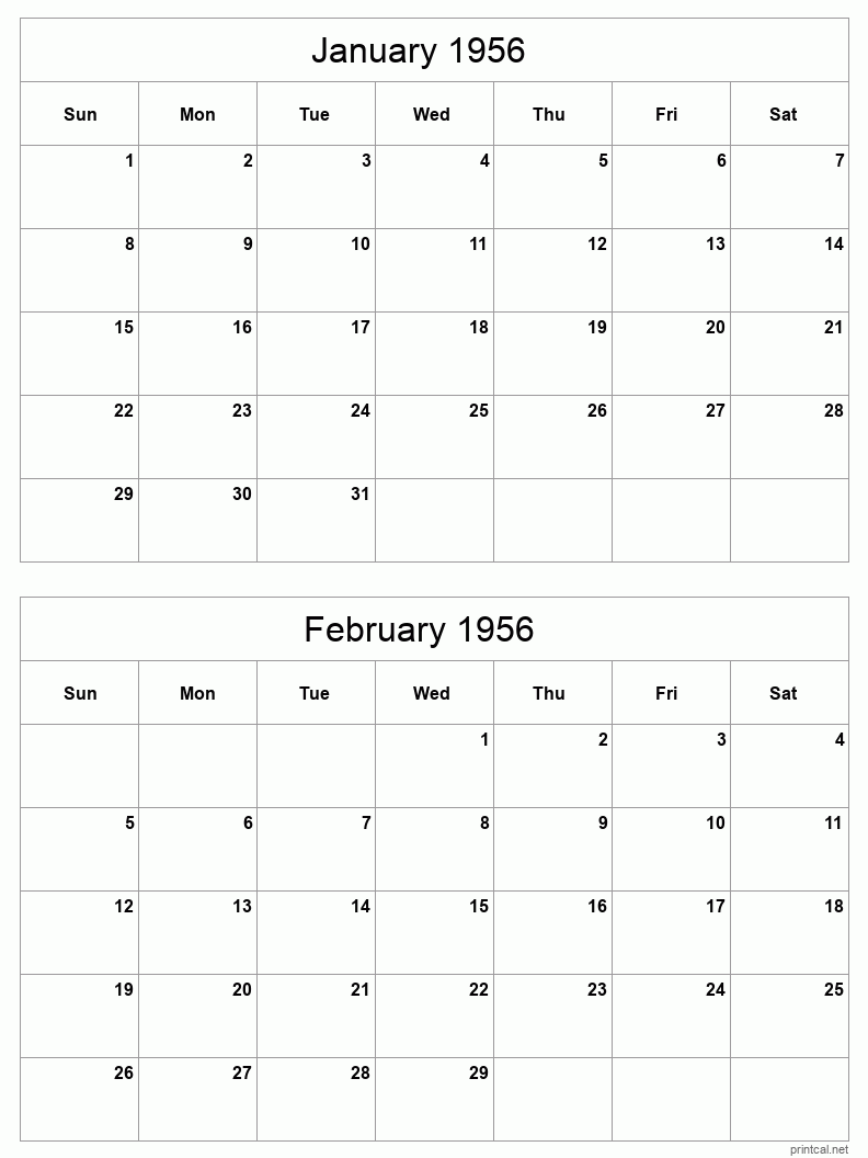 2 month calendar January to February 1956