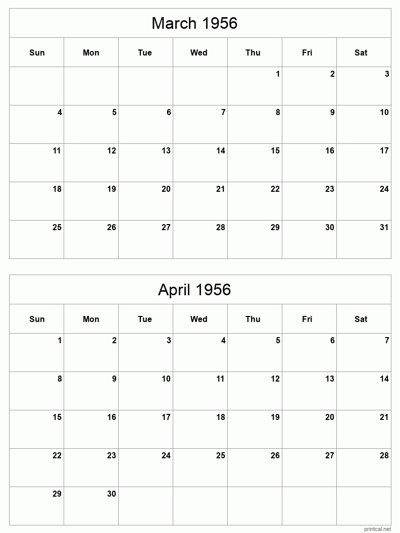 2 month calendar March to April 1956